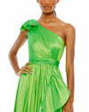 This elegant Mac Duggal floor-length, iridescent spring green taffeta evening gown is styled with a bow-topped shoulder, a cascading oversized ruffle, and a high-low hem. Pleats and gathers add pretty texture to enhance the look. This sophisticated asymmetric shoulder gown is perfect for proms, black-tie affairs, weddings, brides and special events close up